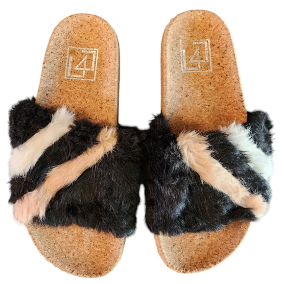 L4L Shoes - L4L Ace Black Blush Pink & White Faux Fur Slide Sandal 7
